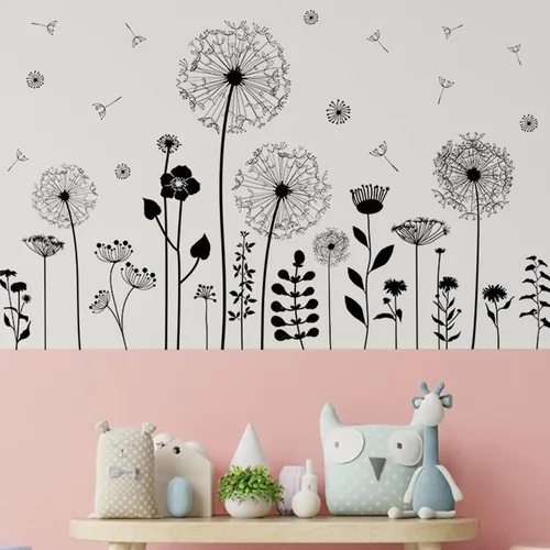 Vista 4 de Calcomanías de pared grandes de diente de león, atractivas calcomanías de pared de flores voladoras, decoración de pared de plantas extraíbles
