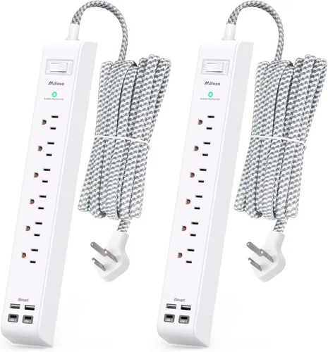 Vista 8 de Paquete de 2 regletas protectoras de sobretensión, 6 tomas, 4 puertos de carga USB, cable de extensión trenzado de 5 pies, enchufe plano, protección