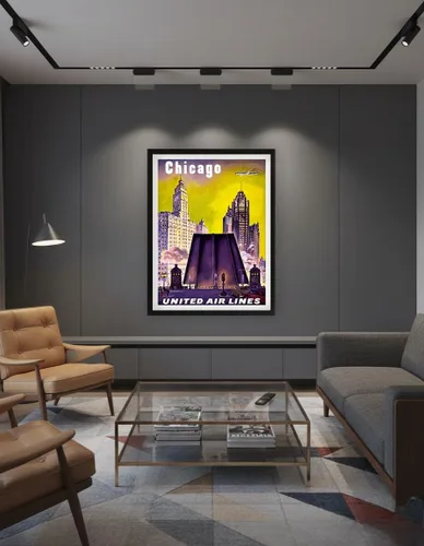 Vista 7 de Chicago USA - The Tribune Tower Wrigley Building and Michigan Avenue Bridge - United Air Lines - Vintage Airline Travel Poster c.1950s - Master Art