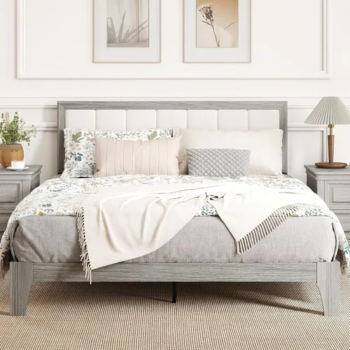Vista 10 de HOMCOM - Base de cama de tamaño matrimonial, cabecera tapizada, listones de madera, color gris Marco de cama de plataforma, no necesita somier