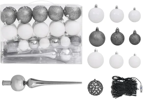 Vista 5 de Árbol de Navidad artificial invertido con luces LED y juego de bolas de 59.1 pulgadas para decoración de fiestas de Navidad en interiores