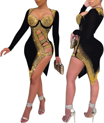 Vista 3 de PORRCEY Vestido de noche brillante de manga larga con diamantes de imitación para mujer, sexy, elegante, para club nocturno