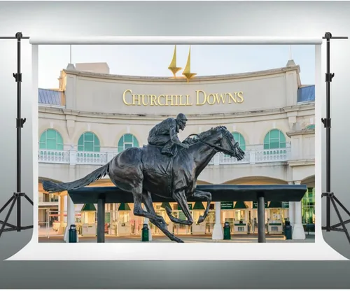 Vista 2 de YongFoto Churchill Downs - Telón de fondo de 5 x 3 pies, estatua de carreras de caballos Kentucky Derby, fiesta de carreras de caballos, amante