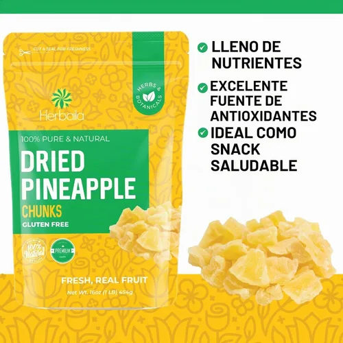 Vista 4 de Trozos de piña seca, 1 libra. Trozo de piña deshidratada, piña deshidratada, pedazos de piña secas. Todo natural, sin OMG, piñas secas ligeramente