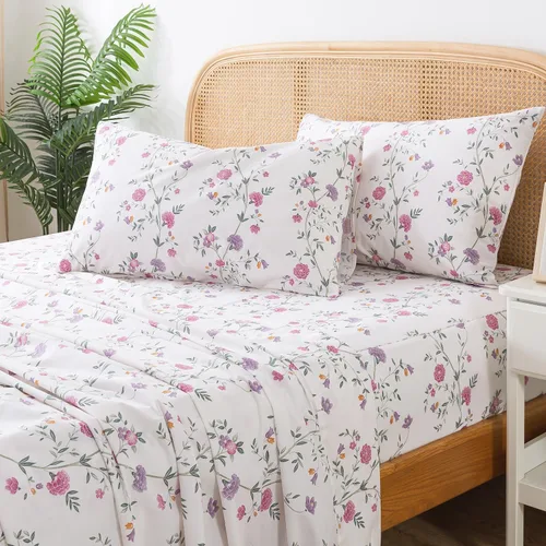 Vista 15 de Zusbest Juego de sábanas florales de 100 % algodón percal, color naranja y amarillo, juego de sábanas suaves y transpirables con diseño botánico