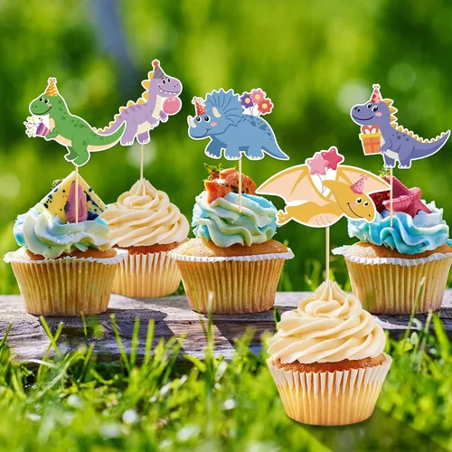 Vista 8 de 40 piezas de decoración de dinosaurios para cupcakes de cumpleaños de dinosaurios, decoraciones de pastel de dinosaurio para temática