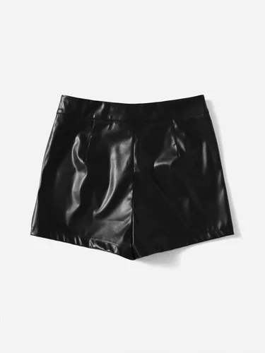 Vista 2 de MakeMeChic Pantalones cortos de piel sintética de cintura alta para mujer