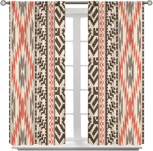 Vista 406 de Cortinas con patrón geométrico tribal, estilo suroeste, azteca, rústico, occidental, nativo americano, opacas, con bolsillo para barra, decoración