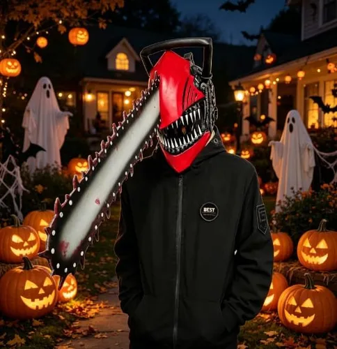 Vista 2 de ROMAGIO Máscara de látex para Halloween con motosierra, accesorio para disfraz