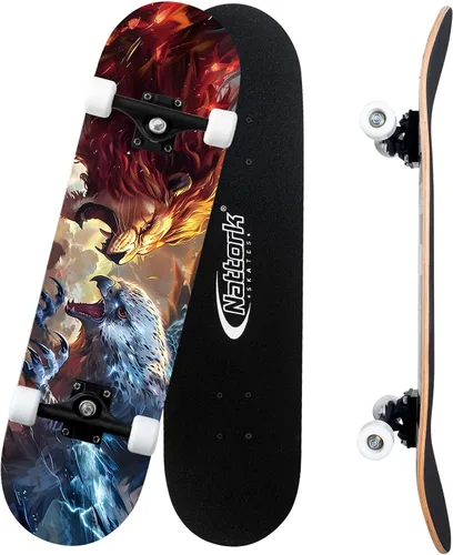 Vista 8 de Nattork - Monopatín completo de 31 pulgadas, patinetas estándar para principiantes, patinetas de trucos de 9 capas de madera de arce canadiense