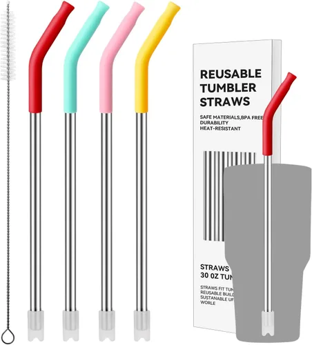 Vista 15 de 4 popotes de acero inoxidable reutilizables para vaso Yeti de 20 onzas, pajitas de metal con puntas de silicona para vaso Stanley de 20 onzas y vaso
