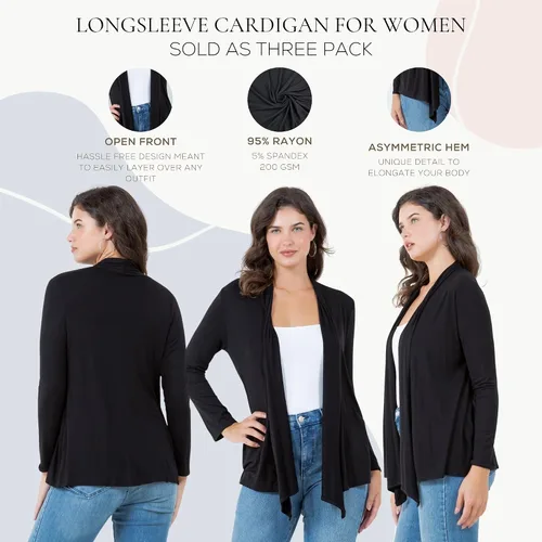 Vista 5 de Azules 3-Pack Women's Long Sleeve Open Front Cardigan - Lightweight Rayon Sweater, Soft Flowy Layer for Casual