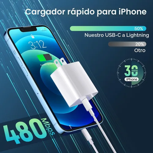 Vista 4 de Cargador de iPhone de carga rápida【Certificado MFi】 Paquete de 2 cargadores de pared USB C de 20 W PD con cable de carga rápida de 1.8 y 3 metros