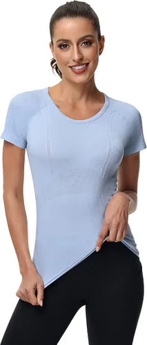 Vista 3 de Locoowai 3 piezas de camisetas de entrenamiento para mujer, camisetas de entrenamiento de manga corta sin costuras, camisetas de entrenamiento
