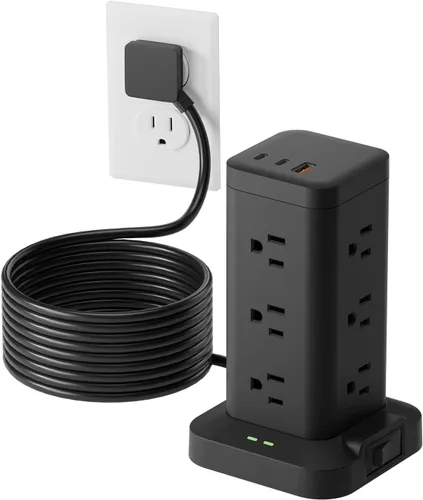Vista 11 de Torre de regleta de alimentación con protector de sobretensiones de 1800J, torre de carga rápida PD20W puertos USB-C con 12 salidas de CA, cable