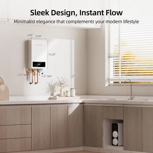Vista 3 de Calentador de agua eléctrico sin tanque de 11kW, MIZUDO calentador de agua caliente instantáneo de 240 voltios, hasta 2.6 GPM para 1-2 puntos