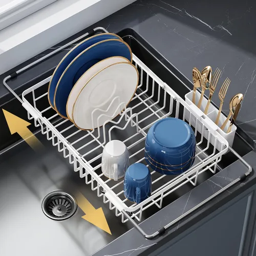 Vista 10 de Apartment RV Small Dish Drainer Drying Rack Over The Sink In Stainless Steel for Narrow Kitchen, Counter Space Saving Compact Expandable Metal Plate