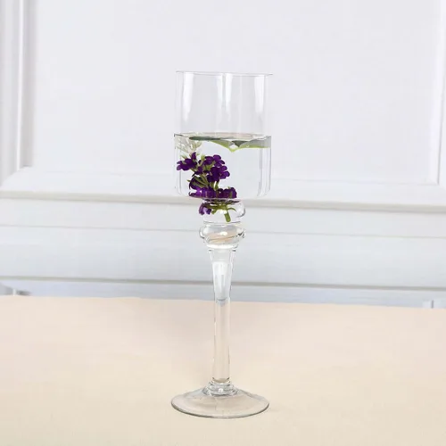 Vista 8 de Efavormart - Juego de 3 portavelas de mesa cilíndricos de cristal de tallo largo transparente