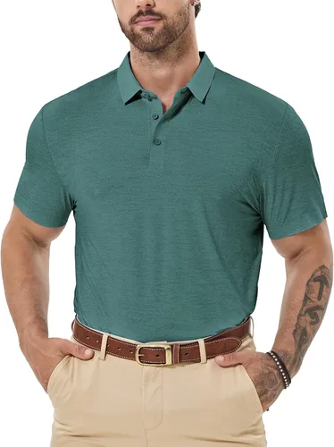 Vista 3 de Camisa de golf Dry Fit para hombre, manga corta, absorbe la humedad, sin costuras, sensación de enfriamiento UPF 40+
