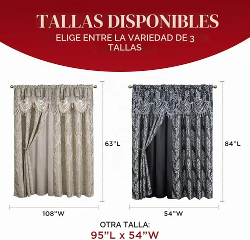 Vista 3 de Juego de cortinas tradicionales de jacquard (2 paneles) de 63 y 84 pulgadas de largo, incluye cenefa adjunta, parte trasera transparente, 2 borlas