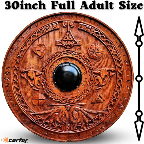 Vista 2 de Escudo de guerrero medieval de la era vikingos tamaño completo para adulto, 30.0 in, hecho a mano, madera natural, tallada, juego de batalla