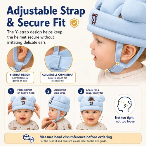Vista 6 de Baby Head Protector for Crawling Walking, Infant Helmet with Foam Bumpers, Adjustable Baby Helmet for Crawling Walking, Toddler Helmet - Head Azul