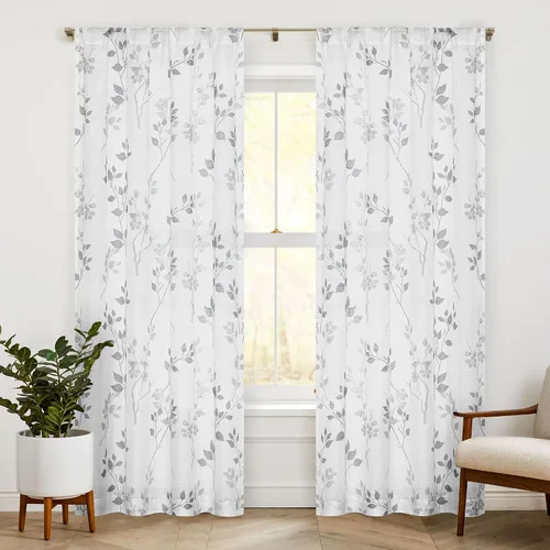 Vista 22 de Beauoop Juego de 2 cortinas semitransparentes de lino floral para sala de Clásico azul y gris