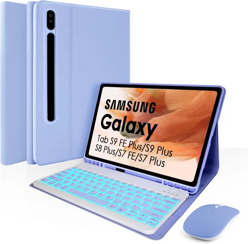 Vista 9 de LAMA Funda con teclado retroiluminado para Samsung Galaxy 12.4 pulgadas S10 Plus/S9 FE+/S9+/S8+, 12.4 pulgadas, S7 FE/S7 Plus, funda desmontable