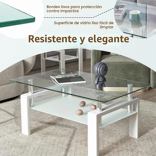 Vista 6 de Mesa de centro rectangular de vidrio de 39.4 pulgadas, mesa de centro blanca con vidrio templado y patas de metal, mesa central moderna de 2 niveles