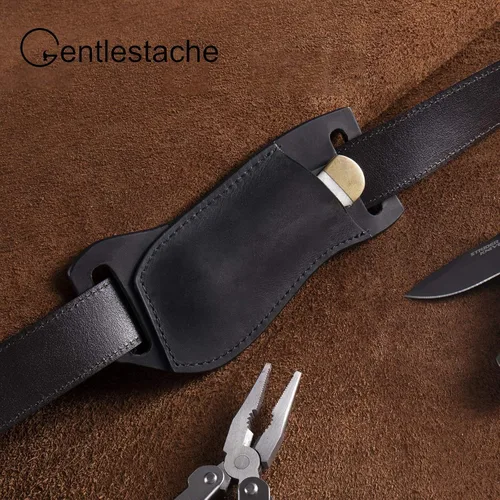 Vista 6 de Gentlestache Funda de cuero para cuchillo de bolsillo para cinturón, funda plegable para cuchillo, funda para cinturón EDC, color negro compacto