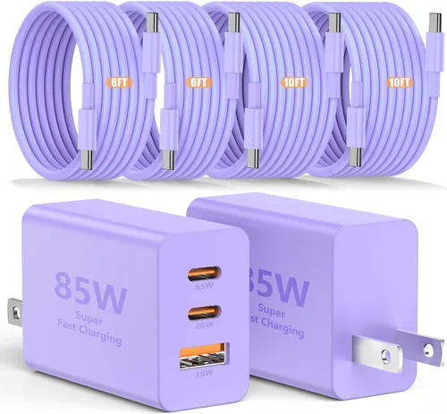 Vista 10 de Susnwere - Cargador de pared USB C de 85 W para Samsung S26 Ultra, 3 puertos de 100 W PD rápida 3.0 tipo C carga con cable USB C de 3/6/10/10 pies