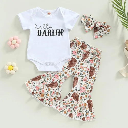 Vista 2 de Conjunto de ropa de bebé occidental para niñas, con estampado de vaca, pantalón y diadema