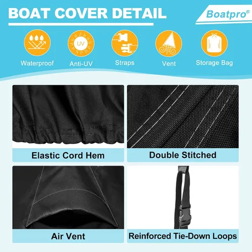 Vista 5 de Funda para lancha remolcable de 14 a 16 pies con cubierta de motor fuera de borda, 900D, resistente a la decoloración, lona marina impermeable