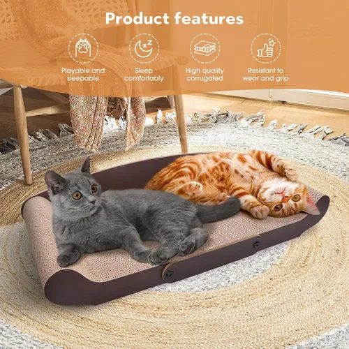 Vista 4 de Cama rascador de cartón para gatos de 27.6 pulgadas, sofá rascador extragrande para gatos de interior, caja de rascar tumbona con juguete de varita