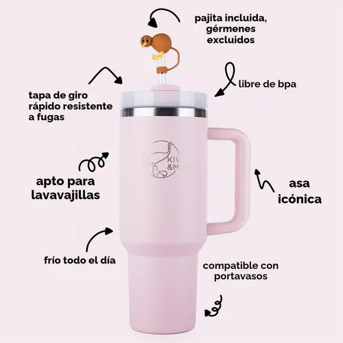 Vista 3 de Vaso de 40 onzas con asa y pajita, incluye pajita de kiwi (flores)