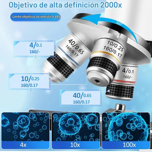 Vista 3 de Microscopio para niños y adultos, microscopio 40X-2000X con adaptador para teléfono y juego de diapositivas, adecuado para laboratorio escolar
