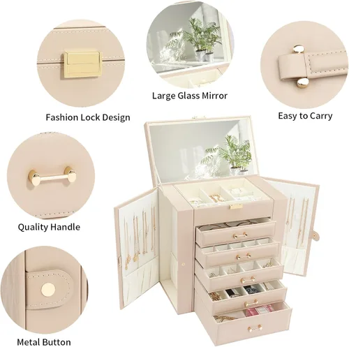 Vista 4 de V-LAFUYLIFE Caja de almacenamiento de joyas, organizador de joyas con 22 ganchos para collares, caja de joyería grande para anillos, pulseras