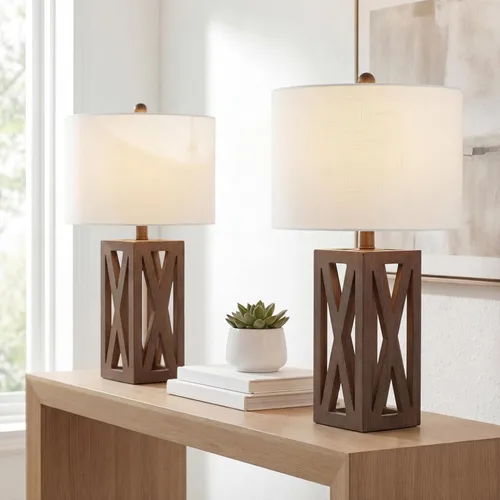 Vista 2 de JONATHAN Y Lámpara de mesa de madera de granja marrón de 21.5 pulgadas para mesita de noche y sala de estar, pantalla de tambor de lino blanco