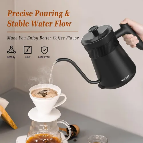 Vista 2 de Secura Hervidor eléctrico de cuello de cisne, 5 ajustes preestablecidos variables para café y té, tetera interior de acero 100% inoxidable con 1.5