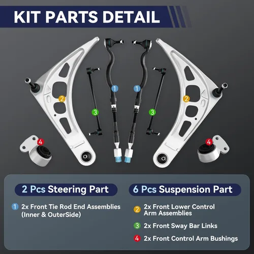 Vista 3 de Kit de suspensión delantera E46, brazo de control inferior E46, extremos de barra de acoplamiento, enlaces de barra estabilizadora, kit de dirección