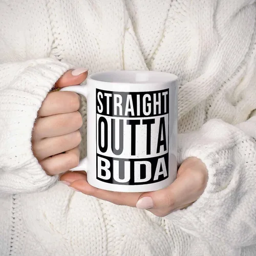 Vista 2 de Taza de café de recuerdo Straight Outta Buda. Divertido, I Love City Regalo para hombres y mujeres, cumpleaños, día de la madre, día del padre