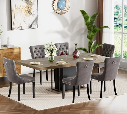 Vista 10 de Henf Juego de mesa de comedor extensible de 78 pulgadas para 6 mesas rectangulares de madera de 7 piezas con 6 sillas tapizadas de terciopelo, mesa
