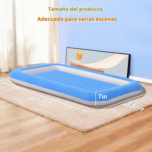 Vista 6 de Cama de aire para niños, colchón inflable para viaje de bebé con laterales, azul