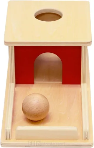 Vista 3 de Montessori, caja de permanencia de objetos con charola y pelota.