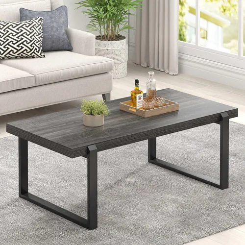 Vista 10 de FOLUBAN Mesa de café negra, mesa central moderna de madera y metal industrial, mesa rectangular de cóctel y té para sala de estar, 47 pulgadas