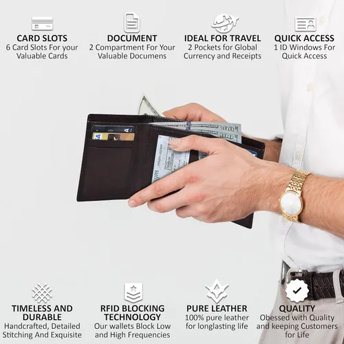 Vista 4 de Carteras RFID delgadas para hombre, billetera triple con bolsillo frontal de cuero genuino, Cartera RFID