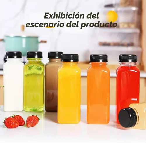 Vista 4 de MANSHU Botellas de jugo de plástico de 10 onzas, recipientes reutilizables para bebidas a granel, con tapas negras a prueba de manipulaciones
