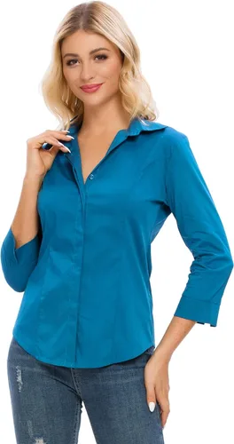 Vista 19 de Camisas con botones para mujer, oficial, formal, manga 3/4, color blanco, elástica, camisa de vestir de verano