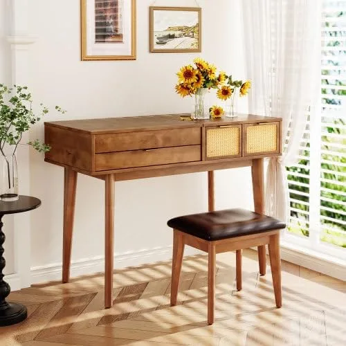 Vista 2 de Escritorio de tocador de 43.3 pulgadas con espejo abatible y taburete, moderno juego de mesa de maquillaje con 3 cajones, juego de tocador