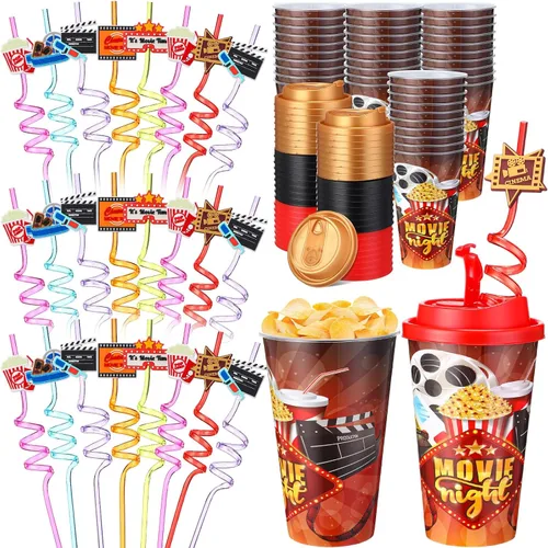 Vista 10 de Yungyan 16 juegos de tazas de golosinas con tapas y pajitas para decoraciones de cumpleaños, reutilizables, 16 onzas, vasos de plástico para dulces